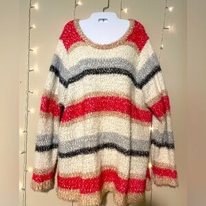 Lane Bryant Striped Sweater Relaxed Fit Tie Neck Cream Pink Tan Gray 26/28